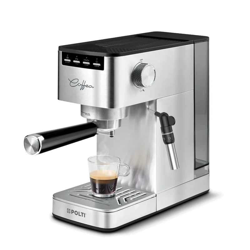 Polti Coffea P10S, Manual Espresso and Cappuccino Coffee Machine, Compatible with Ground Coffee and 44 mm E.S.E. Pods, Milk Frother, Removable 1.3L Tank, Silver