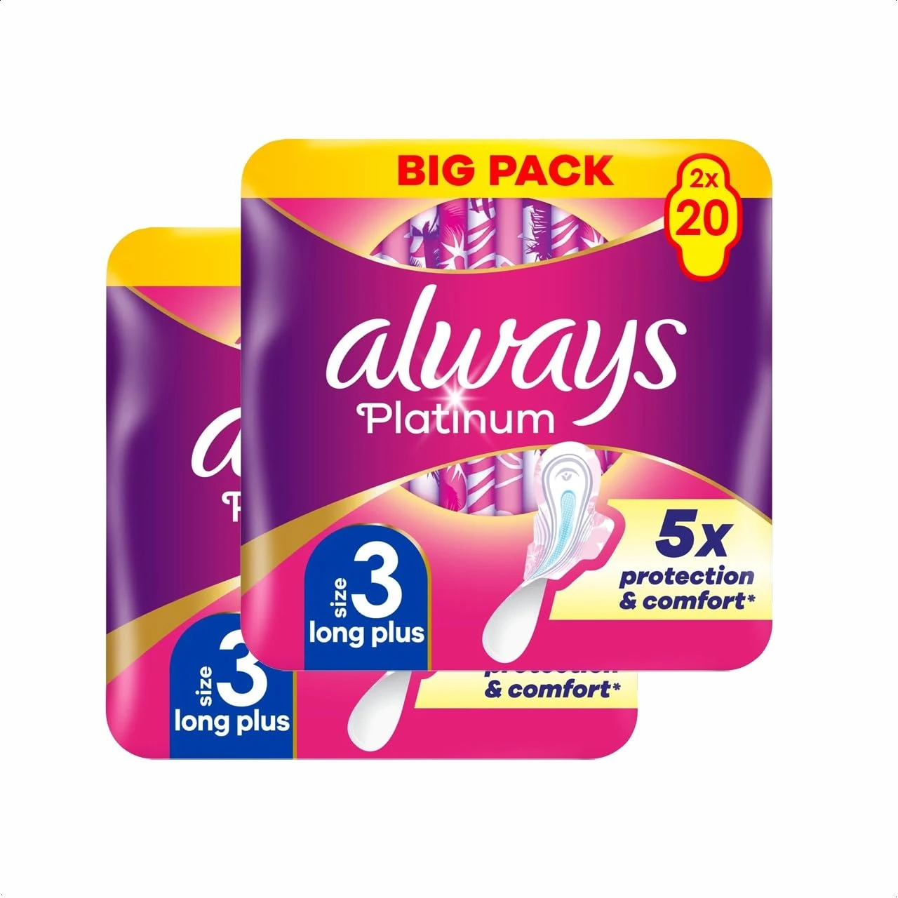 Always Platinum Day & Night Wings - 40 Count (2 Packs of 20) Size 3 Scent-Free Ultra Thin Sanitary Pads for Day and Night Use with Wings, Absorbent, Breathable Feminine Hygiene Protection