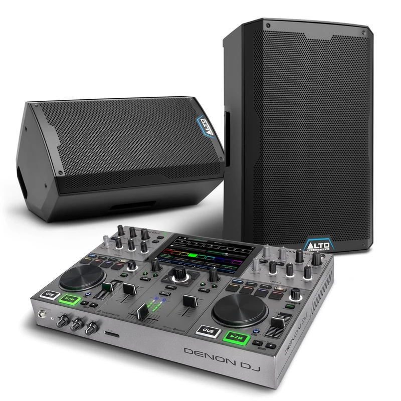 Denon DJ PRIME GO+ DJ Controller and ALTO TS415 Powered PA Speakers Pair for Live Music, DJ sets, Events, Music production