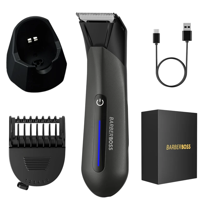 BarberBoss Groin & Body Trimmer for Men, Waterproof Ball Shaver, Trimmer with Ceramic-Titanium Blade, Adjustable Comb, LED Light & Charging Dock, Intimate Grooming Kit for Men (Black)