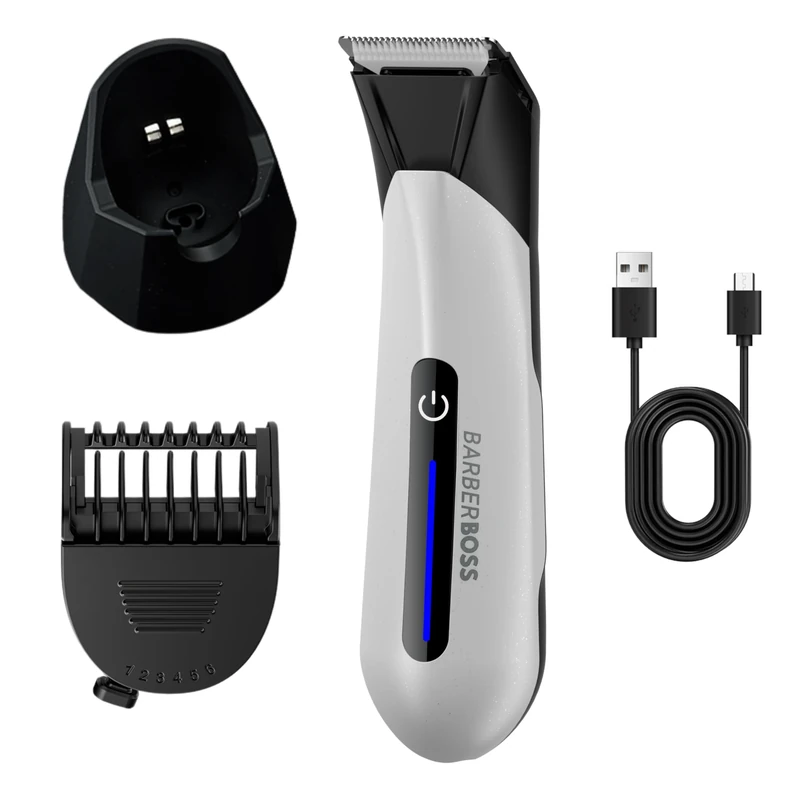 BarberBoss Men’s Body Hair Trimmer, Waterproof Groin & Ball Groomer, Skin-Safe Ceramic Blade, Adjustable Length Comb, USB Charging Stand & LED Light, Male Hygiene Shaver (White)