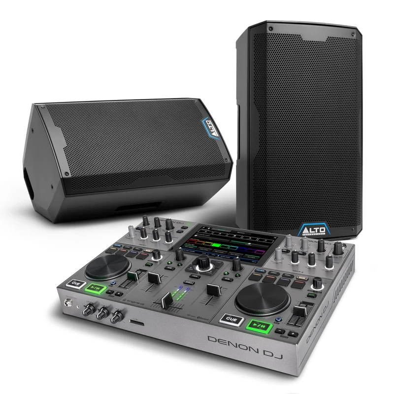 Denon DJ PRIME GO+ DJ Controller and ALTO TS412 Powered PA Speakers Pair for Live Music, DJ sets, Events, Music production