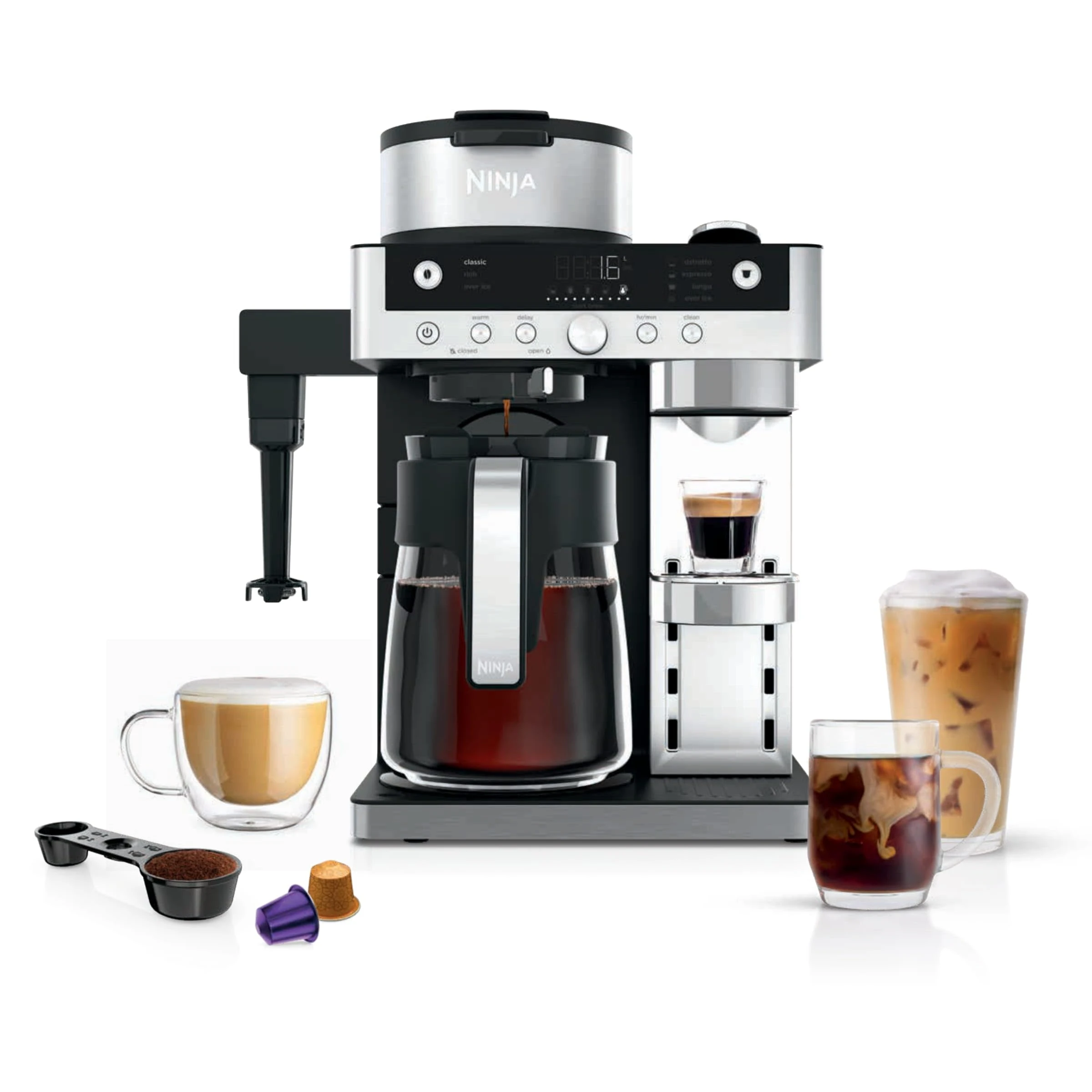 Ninja Prestige 2-in-1 Filter Coffee and Pod Capsule Machine with Built-in Milk Frother, Make Lattes, Iced Coffee and Flat Whites, Black CFN802UK