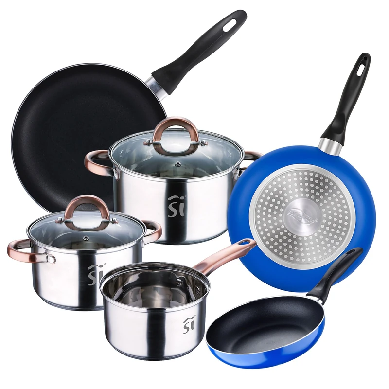 5pc Stainless Steel Battery Ø16Ø18Ø20 with 2 Glass lids and Set 3 Pans Ø16/20/24 cm, Pressed Aluminium, Blue, Set Suitable for Induction