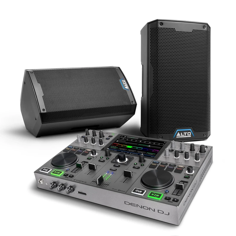 Denon DJ PRIME GO+ DJ Controller and ALTO TS408 Powered PA Speakers Pair for Live Music, DJ sets, Events, Music production