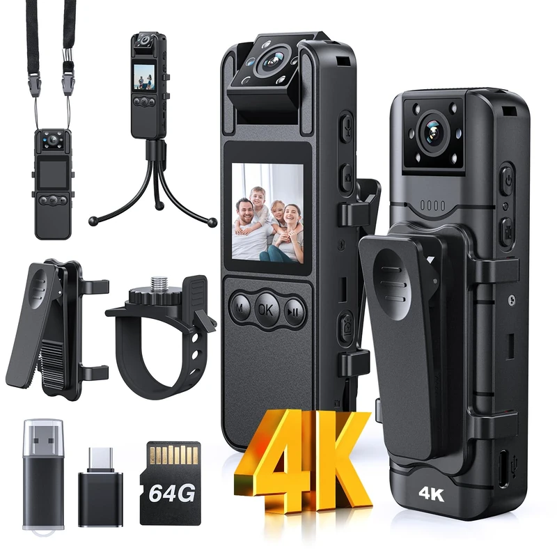 BOBLOV A26 Mini Body Camera 4K 64GB with Rotation Lens, Small Bodycams with Night Vision, 6 Hrs Video Recording, Personal Body Worn Cam for Service (4K with 64GB TF Card)