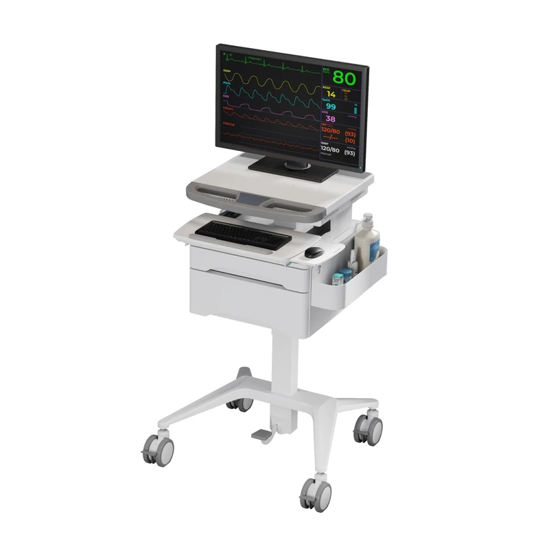 ProperAV Mobile Workstation Trolley Cart, Height Adjust with Foot Pedal, 2 Storage Drawers, Locking Casters, Keyboard & Mouse Tray for Hospitals, Warehouses, Schools, Airports, Train Stations & more