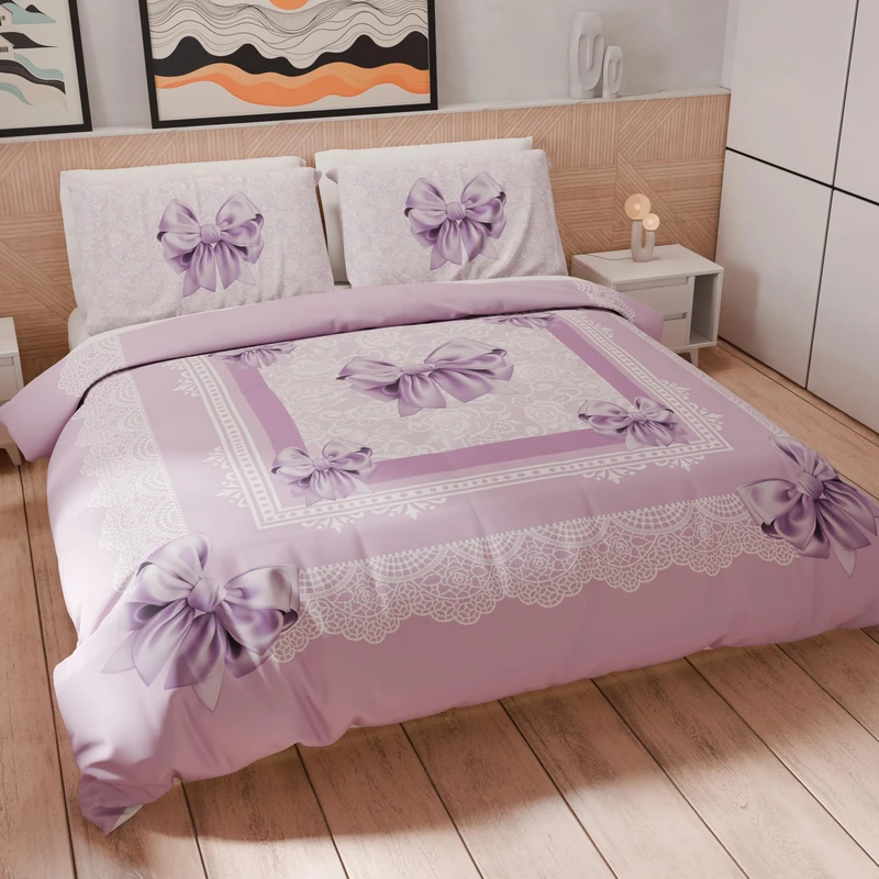 PETTI Artigiani Italiani - Double duvet cover 240 x 220 cm (2 pillowcases 50 x 80 cm included), microfibre bedding set with lilac bow print - Made in Italy - Image 1