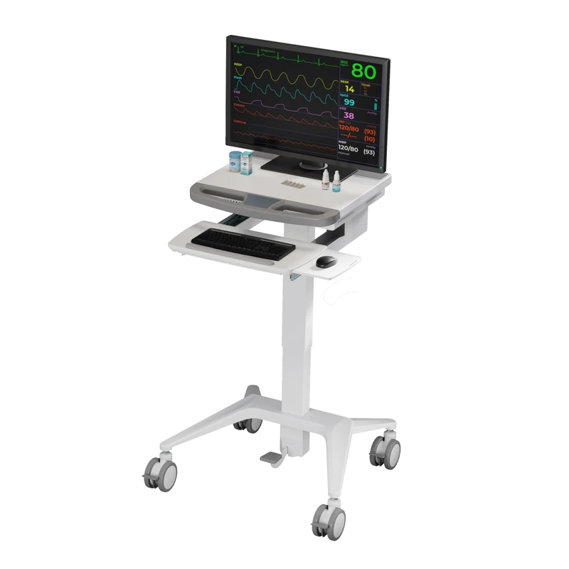 ProperAV Mobile Workstation Trolley Cart, Height Adjustable with Foot Pedal, Lockable Wheels, Folding Keyboard Trays for Hospitals, Warehouses, Schools, Airports, Train Stations & more - Image 1
