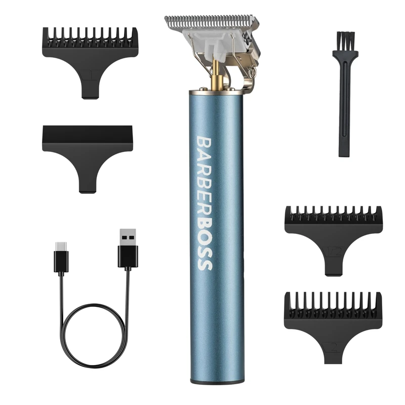 Barberboss Cordless Beard & Hair Trimmer for Men T-Blade Groomer with USB Charging, 3 Length Combs & 0.1mm Precision Blade for Face, Hairline & Detail Styling (Metal Blue)