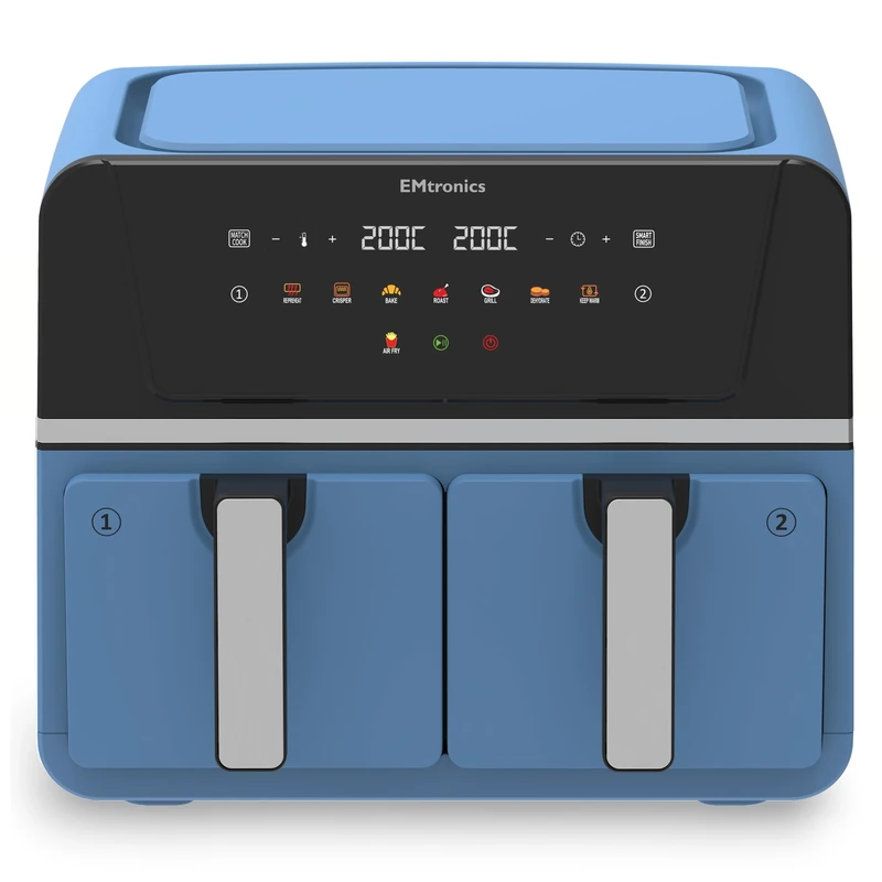EMtronics 9L Dual Zone Air Fryer 2400W Family Size, 8 Preset Cooking Mode, Match Cook & Smart Finish Functions, 9 Litre - Aqua Blue