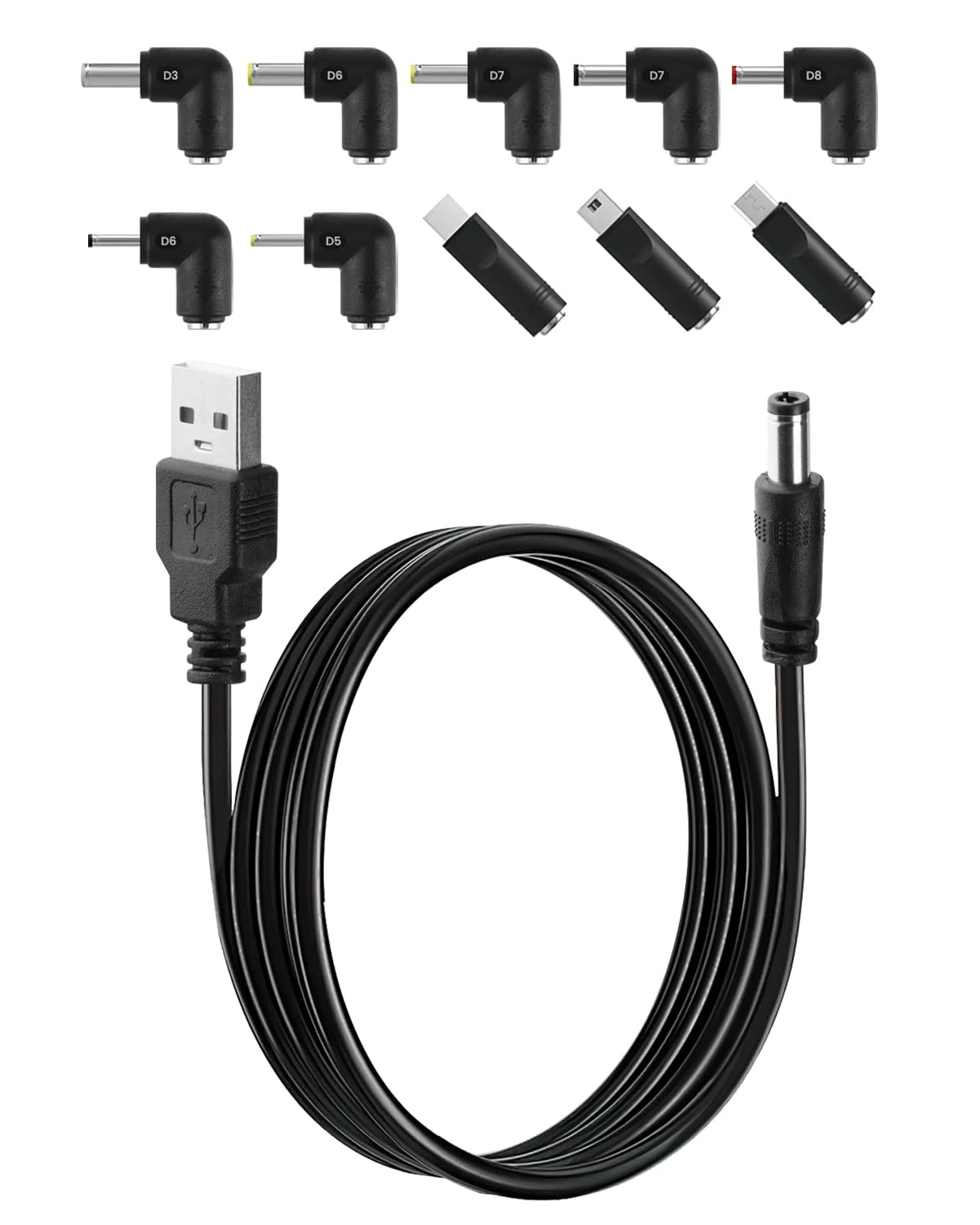 1M USB to DC 5V Power Cord, Universal DC 5.5x2.1mm Barrel Jack Charging Cable with 10 Connector Tips 5.5x2.5, 4.8x1.7, 4.0x1.7, 4.0x1.35, 3.5x1.35, 3.0x1.1, 2.5x0.7, Micro USB, Type-C, Mini USB