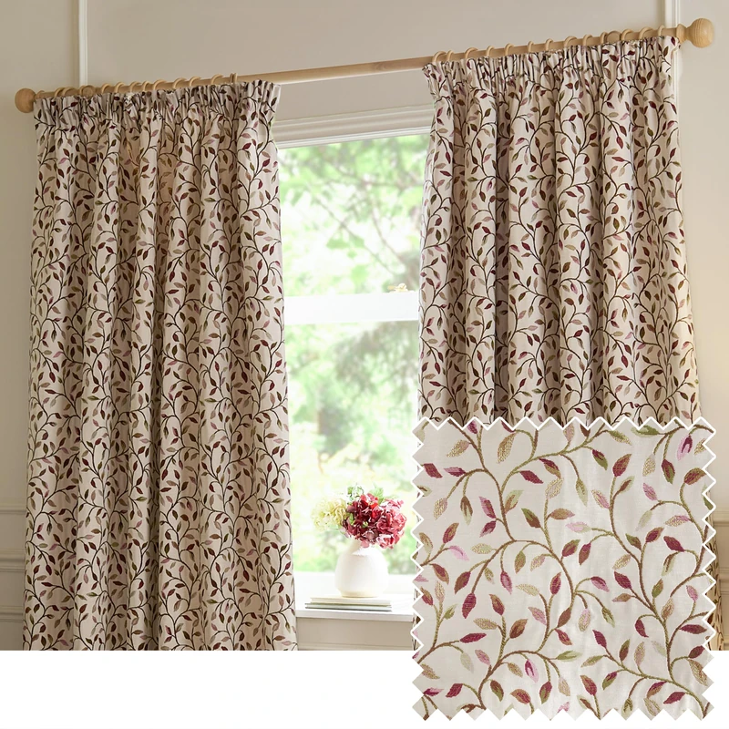 Voyage Maison Cervino Pencil Pleat Curtain Pair – Country Heritage Floral Leaf Woven Jacquard Lined Room Darkening Drapes (Damson - 229x183cm)
