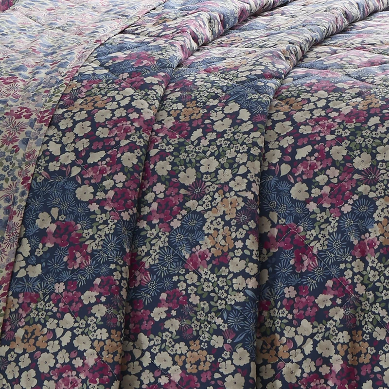 Dreams & Drapes Design Bessie Quilted Bedspread, Navy, 52% Recycled Polyester 48% Cotton, 200 x 230 cm, Floral Pattern, Reversible - Image 1