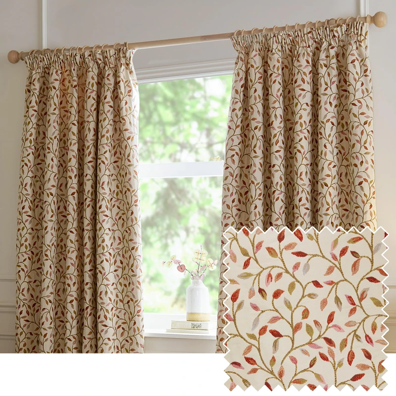 Voyage Maison Cervino Pencil Pleat Curtain Pair – Country Heritage Floral Leaf Woven Jacquard Lined Room Darkening Drapes (Rednut - 117x137cm)