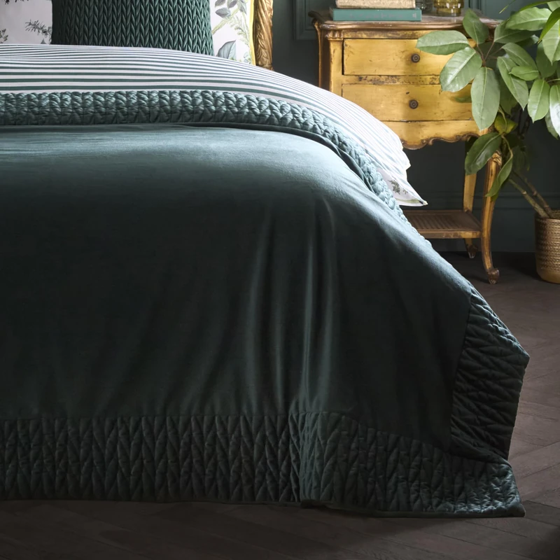 Laurence Llewelyn-Bowen Siena Velvet Bedspread, Bottle Green, 100% Recycled Polyester, 150 x 220 cm, Quilted Border, Plain Style - Image 1
