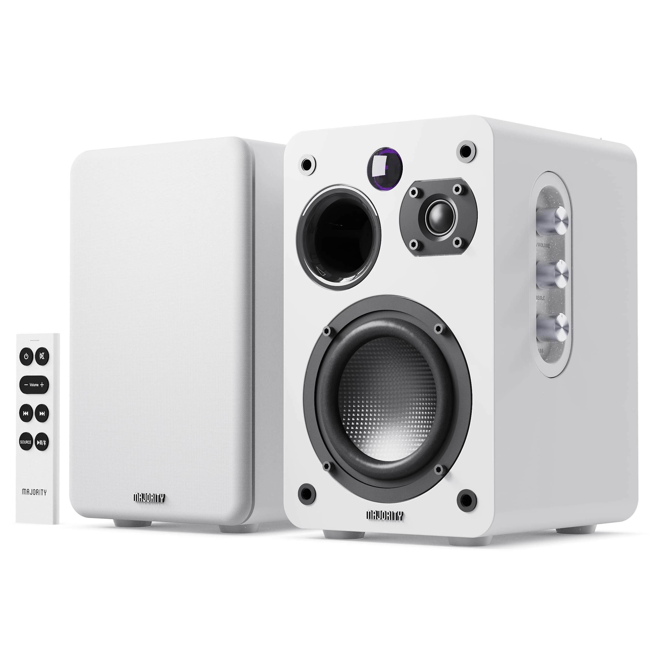 MAJORITY Bluetooth Active Bookshelf Speakers | Powered Stereo System | USB Playback | USB Charging port | HDMI ARC, Optical, Phono, Aux | Turntable Speakers | Extra Bass D70X Active WHITE
