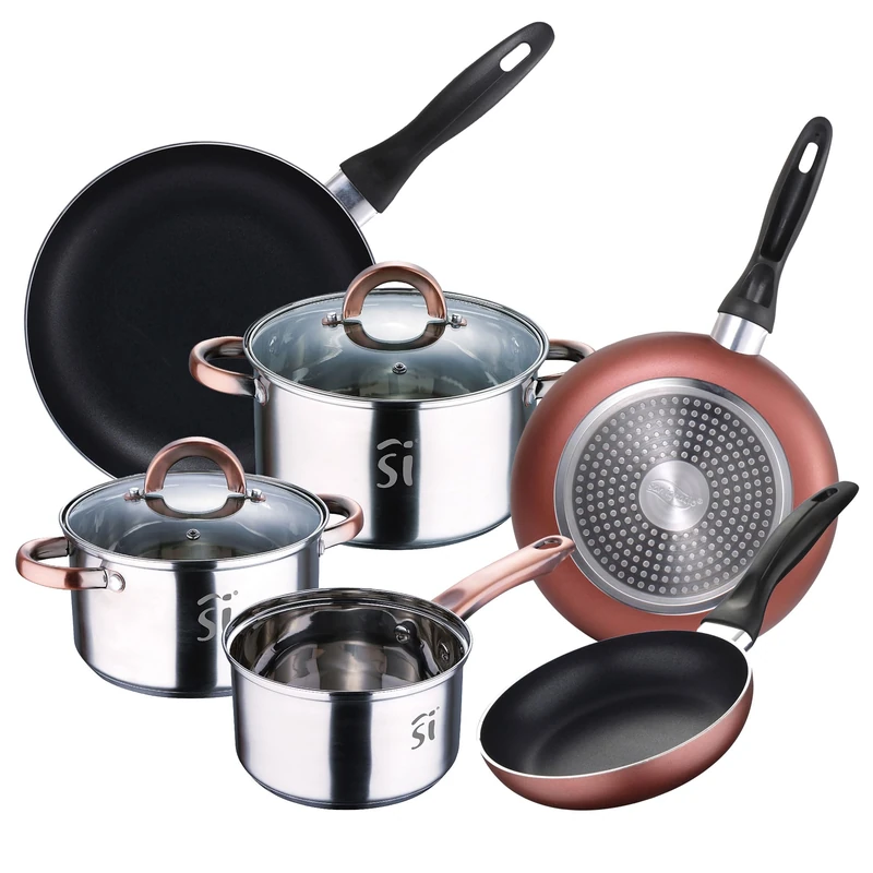 5pc Stainless Steel Battery Ø16Ø18Ø20 with 2 Glass lids and Set 3 Pans Ø16/20/24 cm, Pressed Aluminium, Set Suitable for Induction