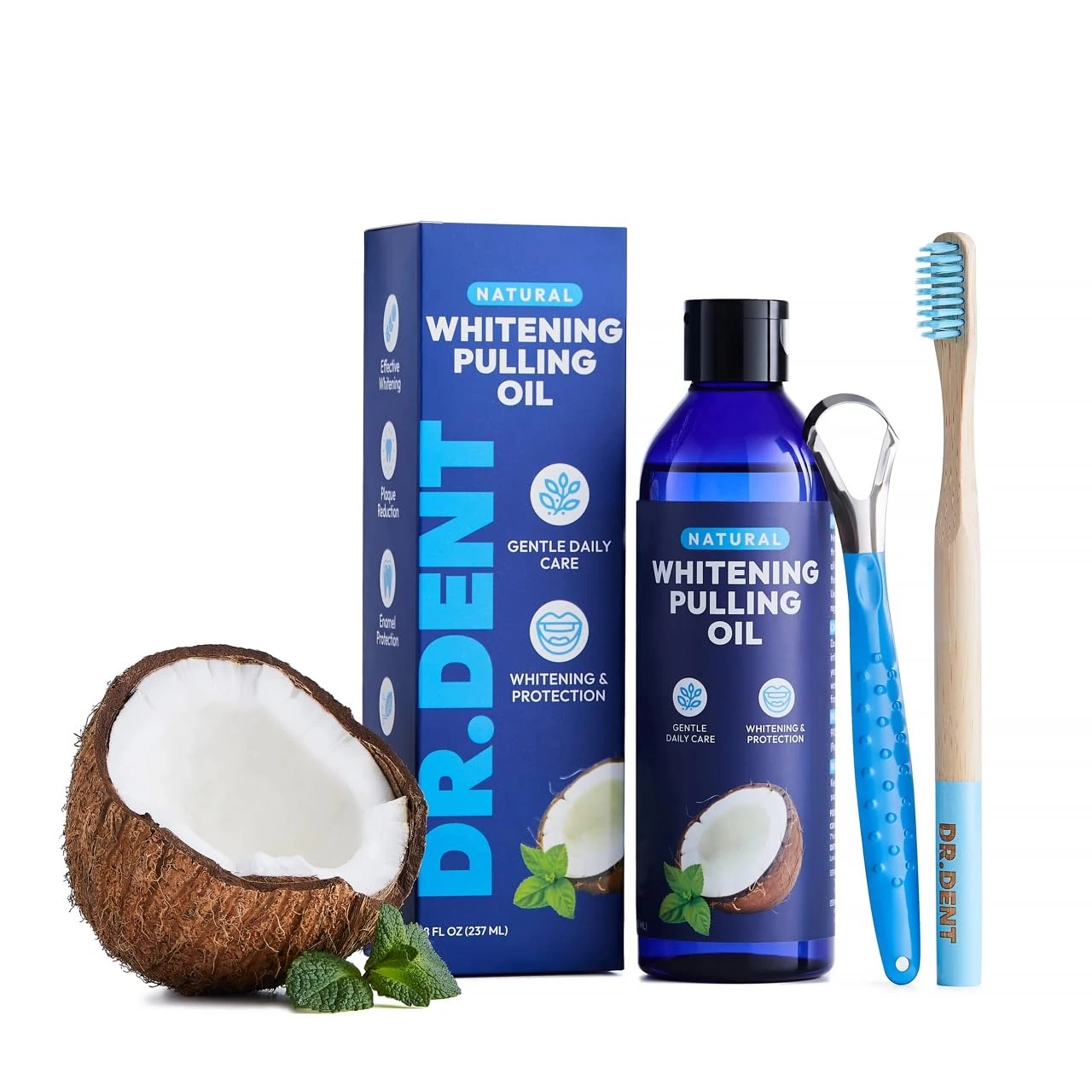 DR.DENT Coconut Oil Pulling Mouthwash – Natural Teeth Whitening & Fresh Breath – Alcohol-Free - Fluoride-Free, 237ml - Toothbrush and Tongue Scraper Included