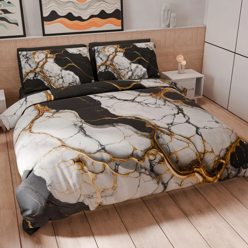 PETTI Artigiani Italiani - King size duvet cover 260 x 240 cm (2 pillowcases 50 x 80 cm included), printed microfibre bedding set in white and black marble effect - Made in Italy