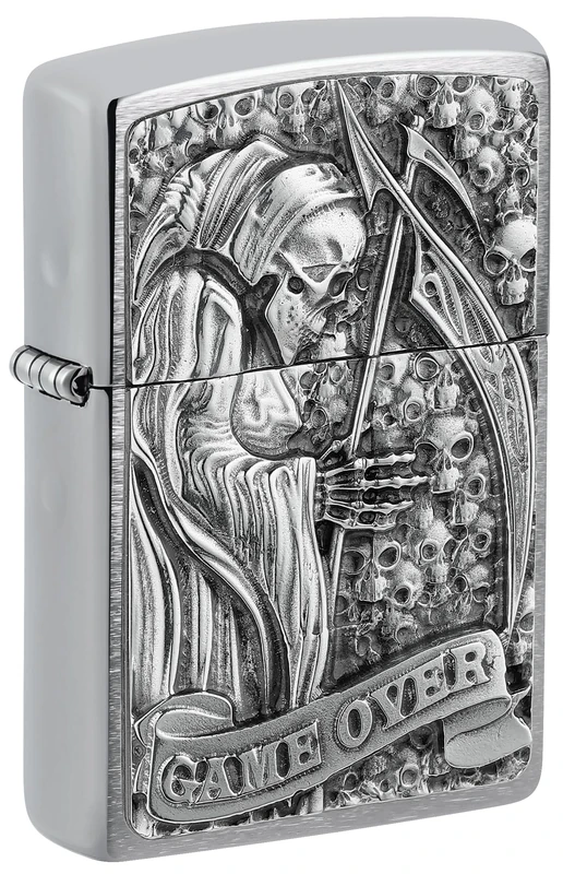 Zippo Windproof Lighter - Reaper Game Over 3D, Brushed Chrome, Emblem - Refillable - Reusable - Windproof Design - Gift Box - Made in USA