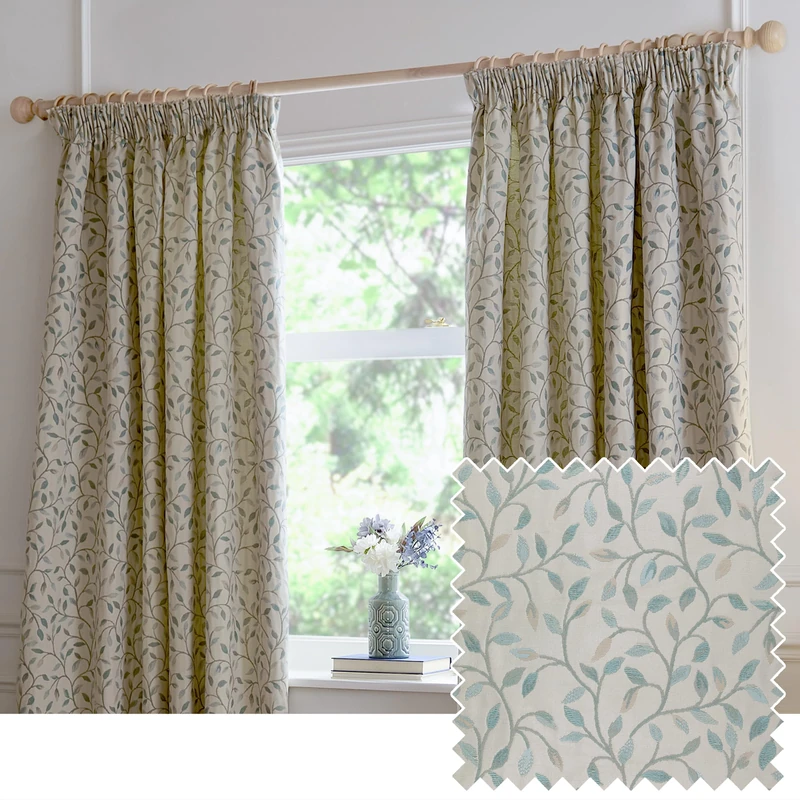 Voyage Maison Cervino Pencil Pleat Curtain Pair – Country Heritage Floral Leaf Woven Jacquard Lined Room Darkening Drapes (Duck Egg - 168x137cm)