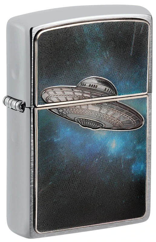 Zippo Windproof Lighter, UFO in Galaxy, Brushed Chrome, Emblem, Refillable, Reusable, Windproof Design, Gift Box, Made in USA