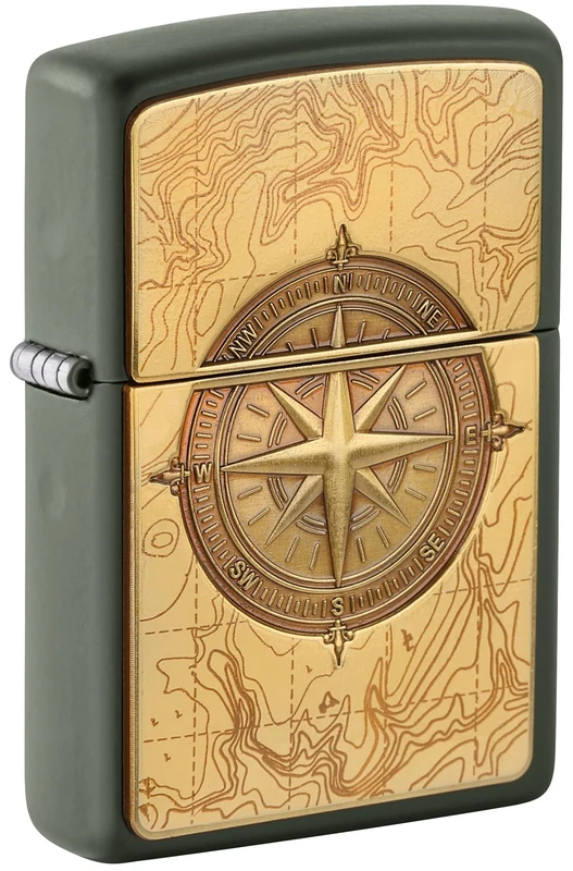 Zippo Windproof Lighter - Topographic Compass, Green Mat, Emblem - Refillable - Reusable - Windproof Design - Gift Box - Made in USA