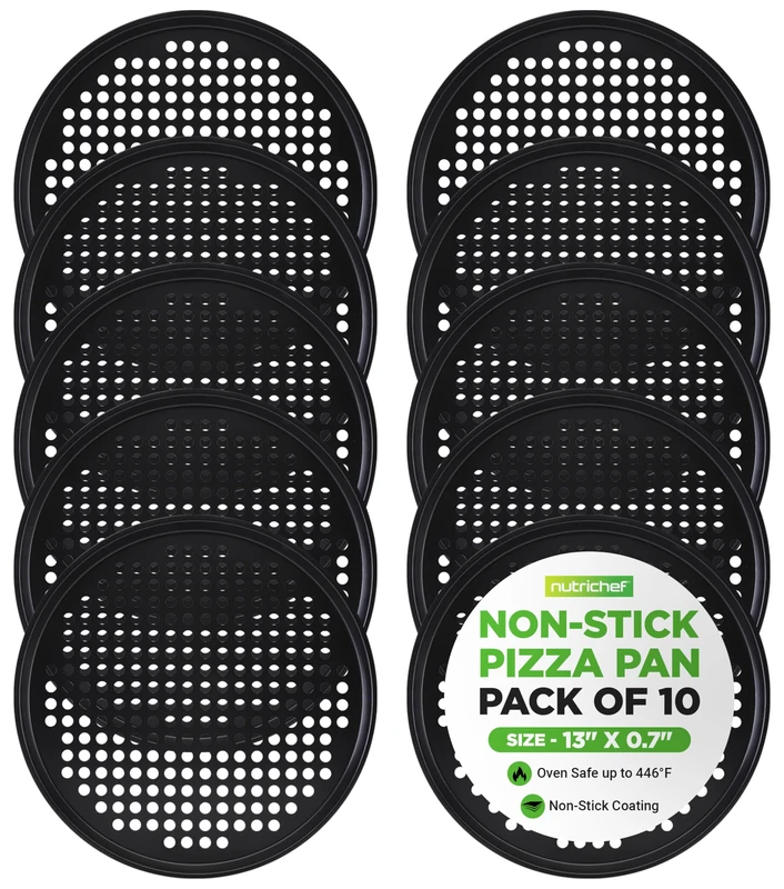 NutriChef Nonstick Pizza Pan Tray for Oven 33cm, Set of 10 Perforated Carbon Steel Baking Accessories with Holes, Easy Clean Plates, Dishwasher Safe Container and Cutting Board - Image 1