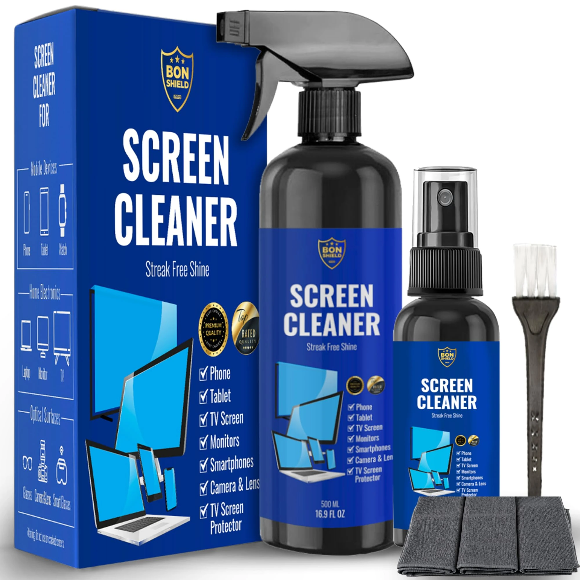 BONSHIELD Bonshine Screen Cleaner Kit for TV, PC & OLED Monitors, Laptop, Phone, Camera & Lens – 500ml+30ml Spray, 3x Terry Cloth Screen Wipes, Glasses & Glass Cleaner, Keyboard Cleaner + Brush