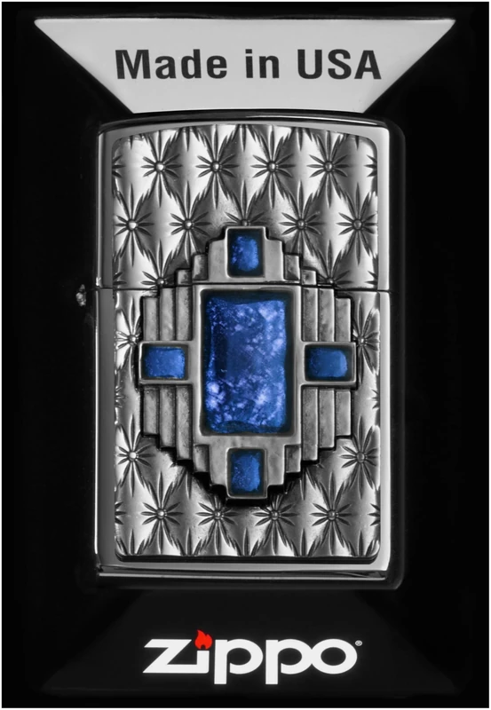 Zippo Windproof Lighter, Blue Diamond Design – High Polished Chrome, Emblem – Refillable, Reusable, Windproof Design – Comes in Gift Box – Made in USA