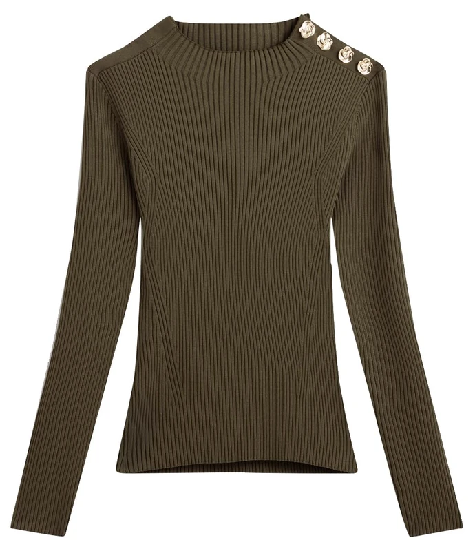 Ted Baker Women's Rose Button Detail Long Sleeve Knitted Top Sweater, Ivory, M