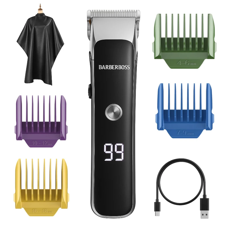 Barberboss Facial & Beard Groomer for Men, Compact Hair Clipper with Adjustable Dial, Dual Speeds, LED Display, Ceramic-Titanium Blade, Beard Trimmer with 4 Combs & USB Charging