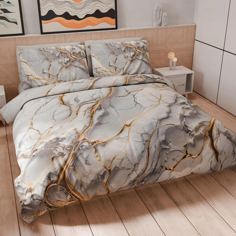 PETTI Artigiani Italiani - King size duvet cover 260 x 240 cm (2 pillowcases 50 x 80 cm included), printed microfibre bedding set in grey marble effect - Made in Italy