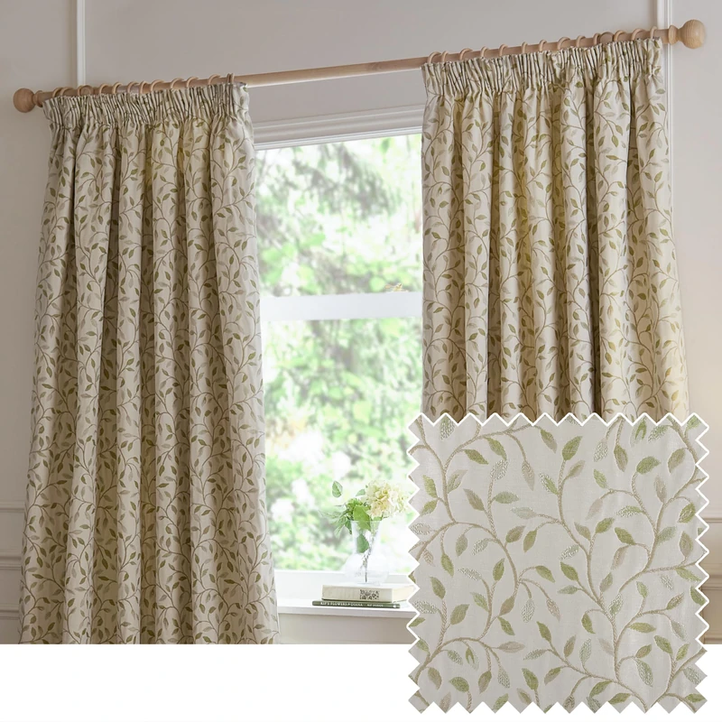 Voyage Maison Cervino Pencil Pleat Curtain Pair – Country Heritage Floral Leaf Woven Jacquard Lined Room Darkening Drapes (Lichen - 117x137cm)