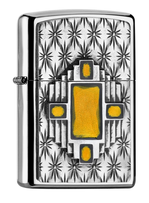 Zippo Windproof Lighter, Yellow Diamond Design – High Polished Chrome, Emblem – Refillable, Reusable, Windproof Design – Comes in Gift Box – Made in USA