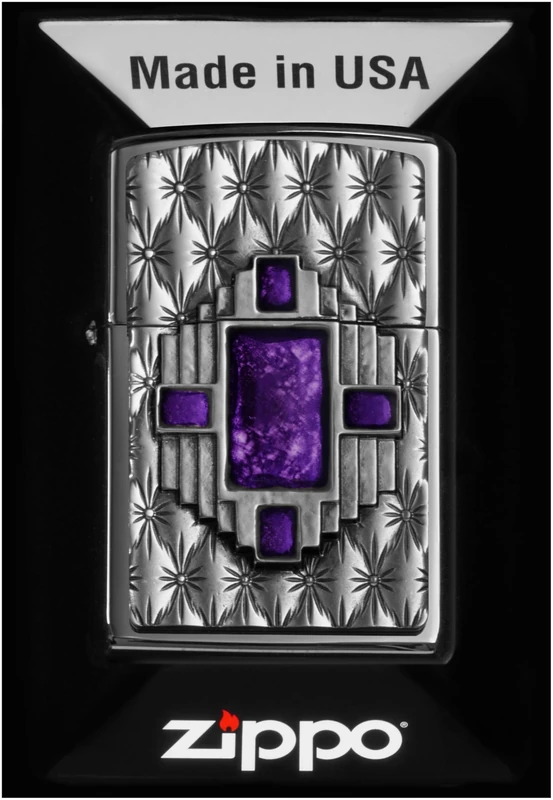 Zippo Windproof Lighter, Purple Diamond Design – High Polished Chrome, Emblem – Refillable, Reusable, Windproof Design – Comes in Gift Box – Made in USA