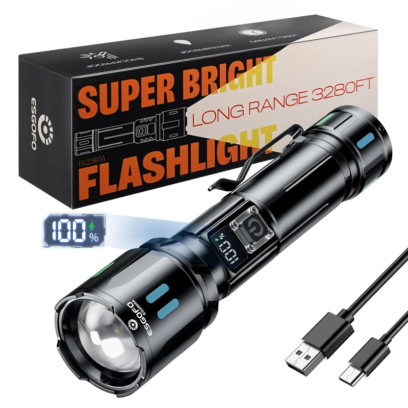 Esgofo Rechargeable Torch LED Super Bright 500000 Lumen, Powerful Flashlight Long Distance Zoomable & Single Click 3 Modes, High Power USB C Long Lasting 15H Flash Light, for Camping Hiking Emergency
