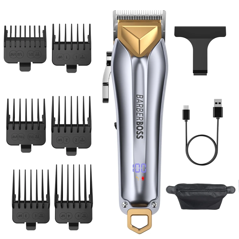 Barberboss Men’s Hair & Beard Trimmer Kit, Cordless Men’s Clipper, Hair Trimmer with Adjustable Dial, 6 Comb Guards, USB Charging & LED Display, Complete Grooming Set for Men