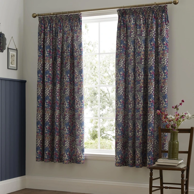 Dreams & Drapes Design Pencil Pleat Curtains, Living Room, 168 x 183 cm, Navy, 52% Recycled Polyester 48% Cotton, Light Filtering, Tie-Backs Included, Floral Pattern - Image 1
