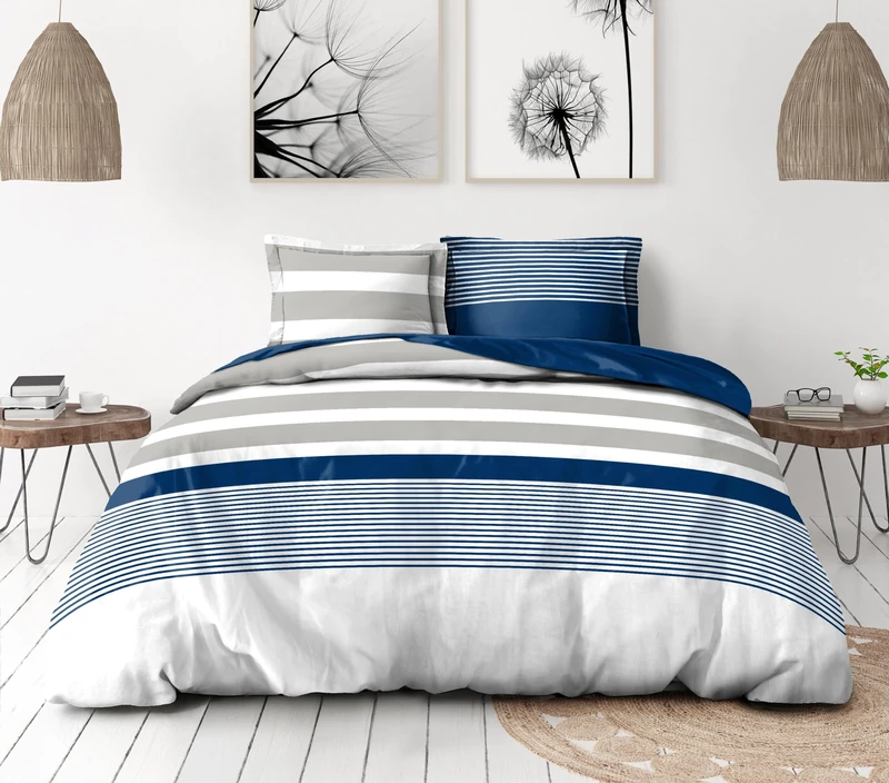 Duvet Cover Set 240 x 260 cm – 3 Pieces – Soft Cotton Percale – Duvet Cover + Pillowcases – White & Ink Blue – La Courtisane Model
