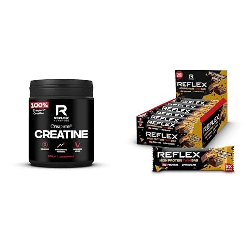 Creapure® Creatine Monohydrate 500g + Twin Protein Bars (12x60g) Salted Caramel Crunch – Muscle Growth, Recovery & High-Protein Snack – 100% Creatine Powder, Unflavoured + 21g Protein Bars, Low Sugar