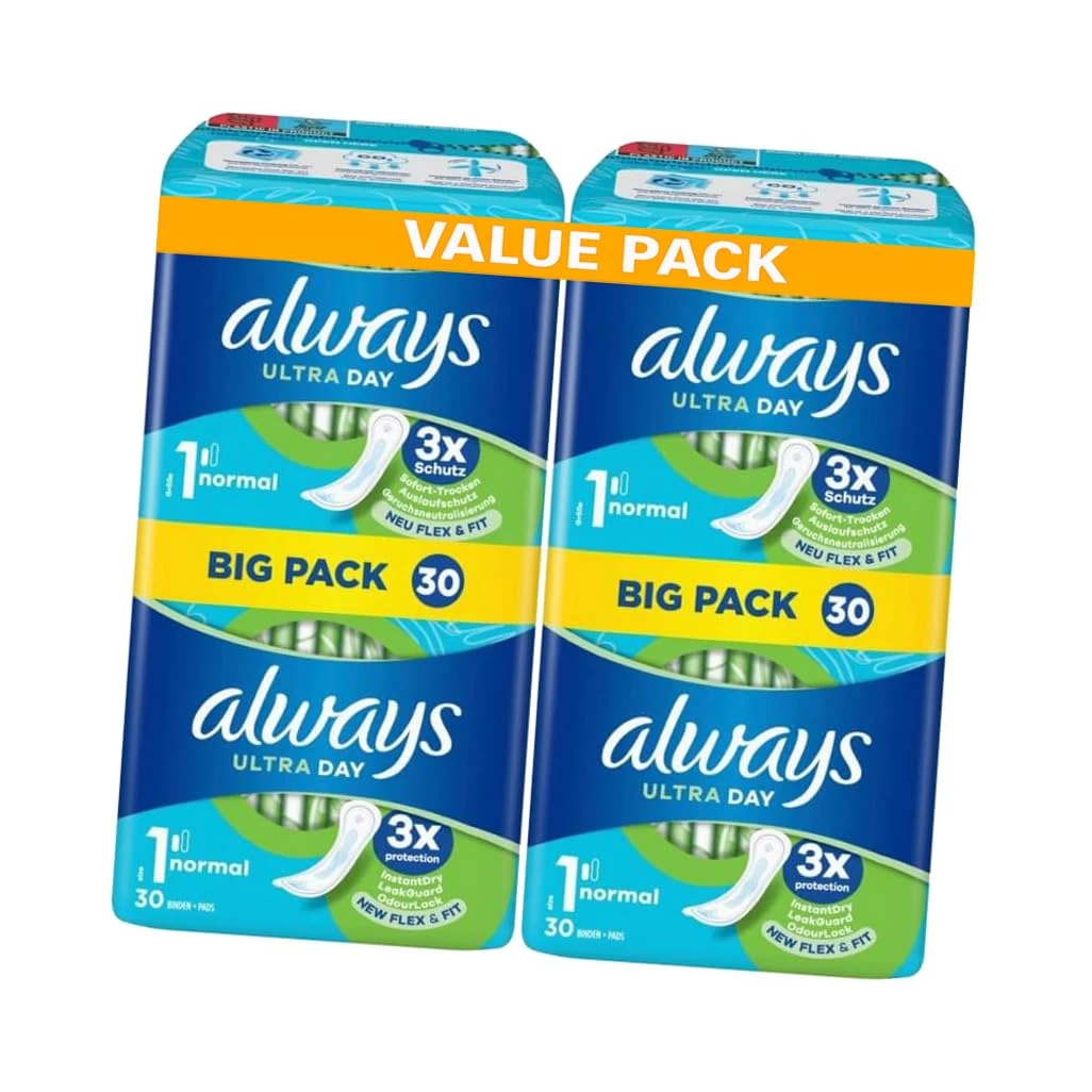 Always Ultra Day Sanitary Pads Size 1 Normal - 60 Pads (2 Packs of 30) Big Pack for Reliable Daytime Protection and Comfort
