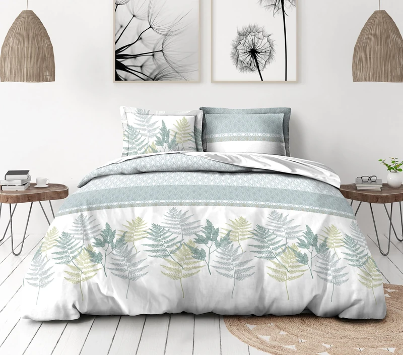 Duvet Cover Set 220 x 240 cm – 3 Pieces – Soft Cotton Percale – Duvet Cover + Pillowcase – White & Sea Green – La Marquise Model