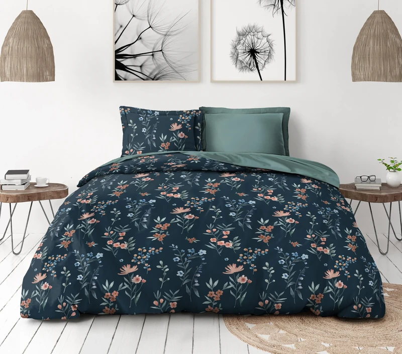 Duvet Cover Set 240 x 260 cm – 3 Pieces – Soft Cotton Percale – Duvet Cover + Pillowcases – Petrol Blue – Flamboyante Model