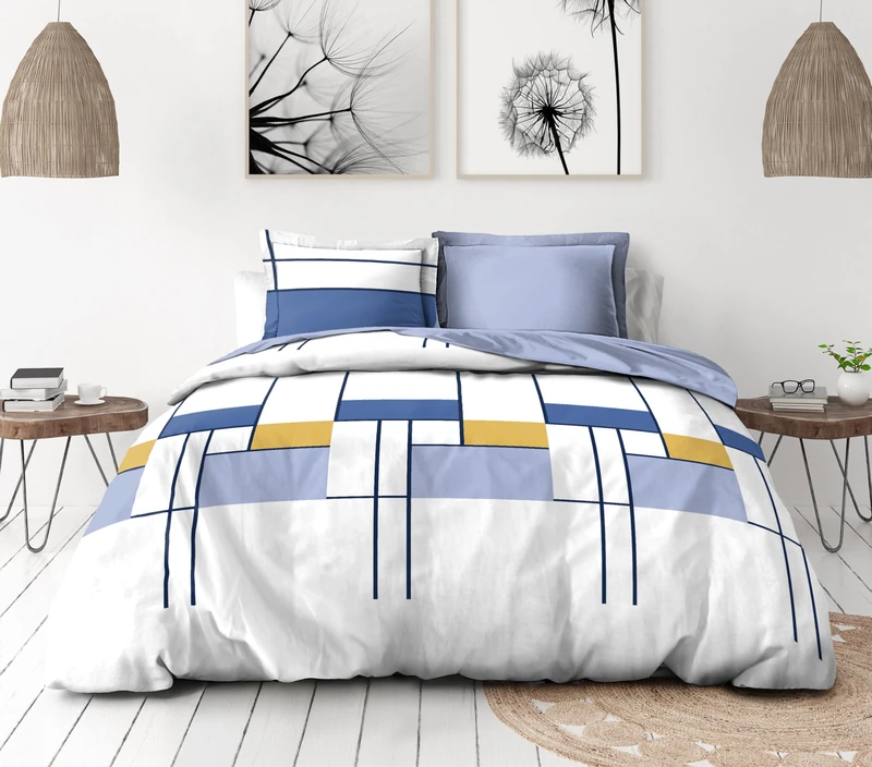 Duvet Cover Set 220 x 240 cm – 3 Pieces – Soft Cotton Percale – Duvet Cover + Pillowcases – White & Indigo Blue – The Intriguant Model