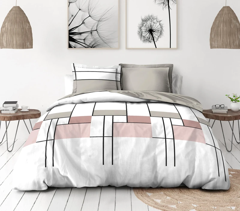 Duvet Cover Set 140 x 200 cm – 2 Pieces – Soft Cotton Percale – Cover + Pillowcase – White & Pink – The Intriguant Model