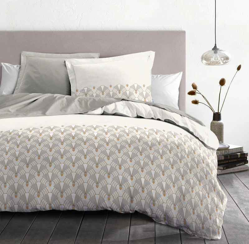 Duvet Cover Set 220 x 240 cm – 3 Pieces – Soft Cotton Percale – Duvet Cover + Pillowcases – White & Beige – L'Elegant