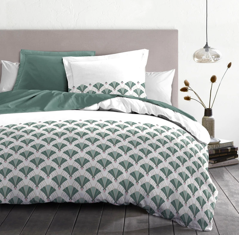 Duvet Cover Set 220 x 240 cm – 3 Pieces – Soft Cotton Percale – Duvet Cover + Pillowcases – White & Green – L'Elegant
