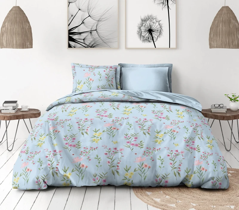 Duvet Cover Set 240 x 260 cm – 3 Pieces – Soft Cotton Percale – Duvet Cover + Pillowcases – Pastel Blue – Flamboyante Model